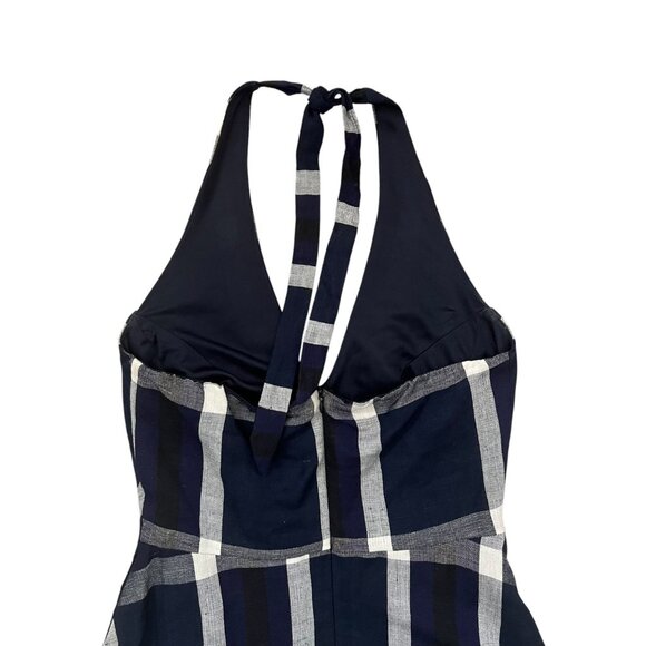 Eva Franco Plaid Halter Linen Blend Knee Length Dress Navy Size 2 - Picture 8 of 15